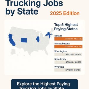 A U.S. map highlights Nevada, Massachusetts, Washington, New Jersey, and Wyoming, listing them as the top 5 highest-paying trucking job states with salary ranges from $34,500 to $117,500 for 2025.
